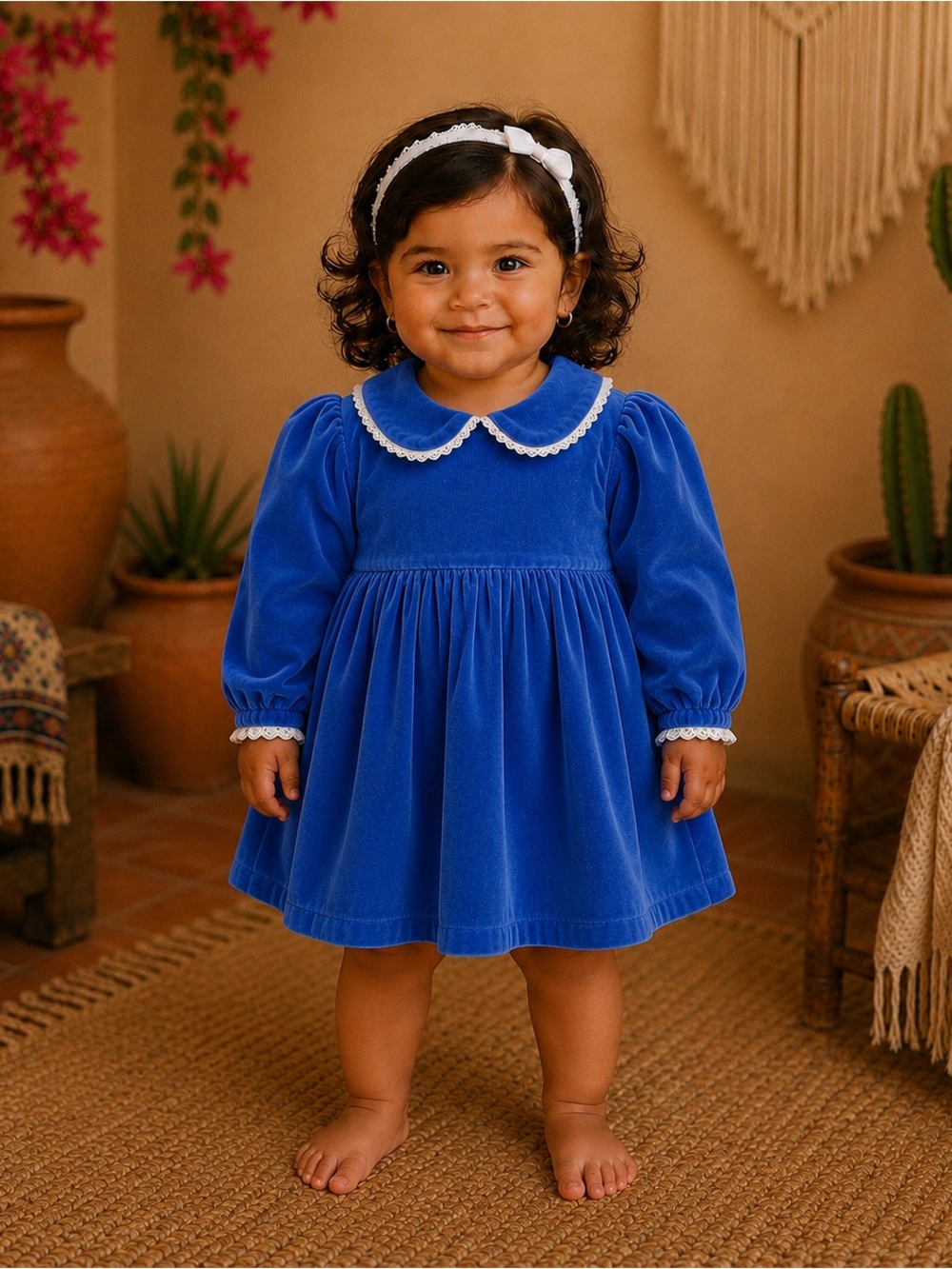Vintage Blue Velvet Girls Long Sleeve Babydoll Dress 12-18 months